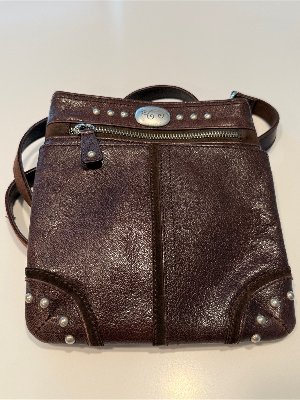 Brighton Dark Brown Leather Crossbody with Pearl Stud Accents